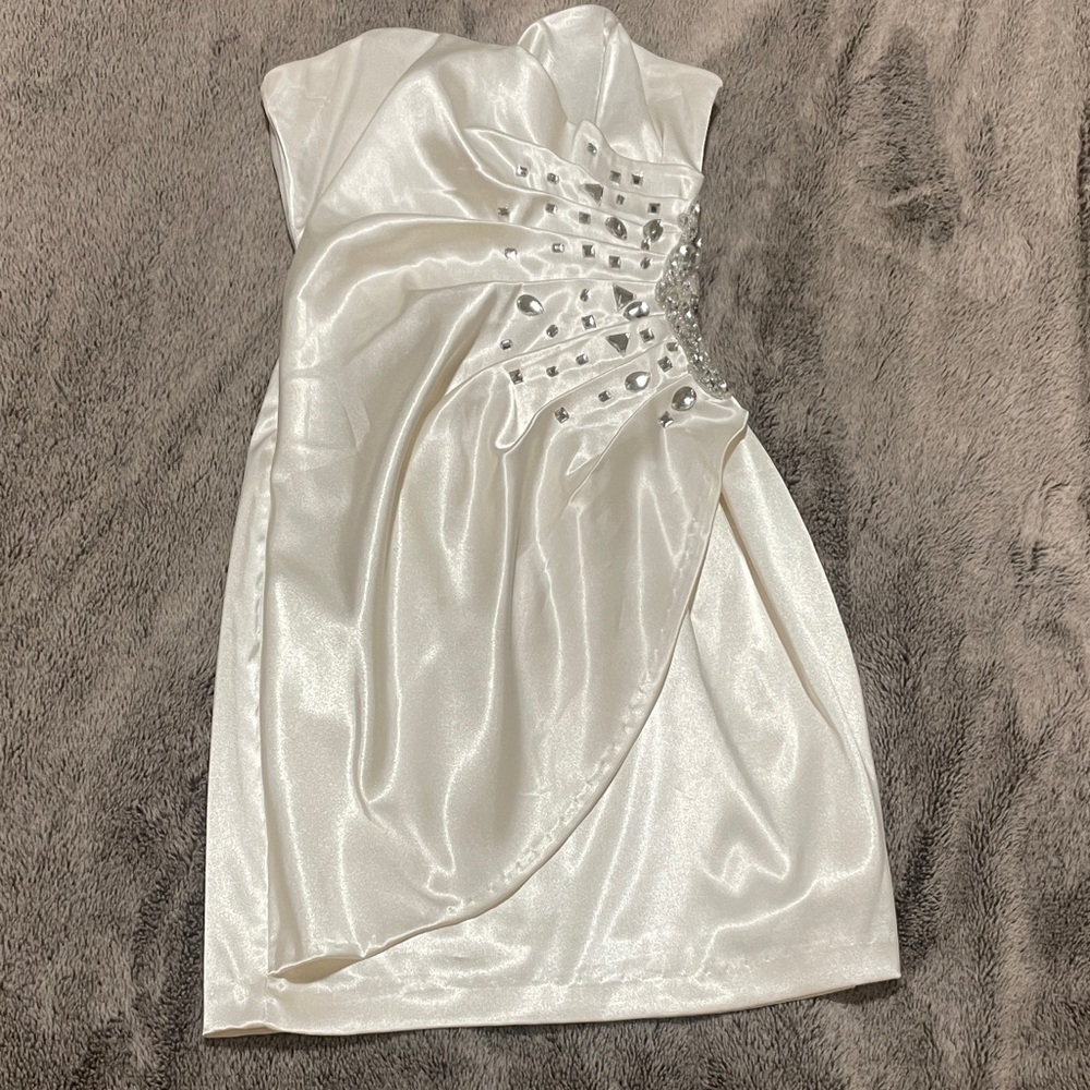 B Darlin Ivory Satin Dress with Rhinestone Details